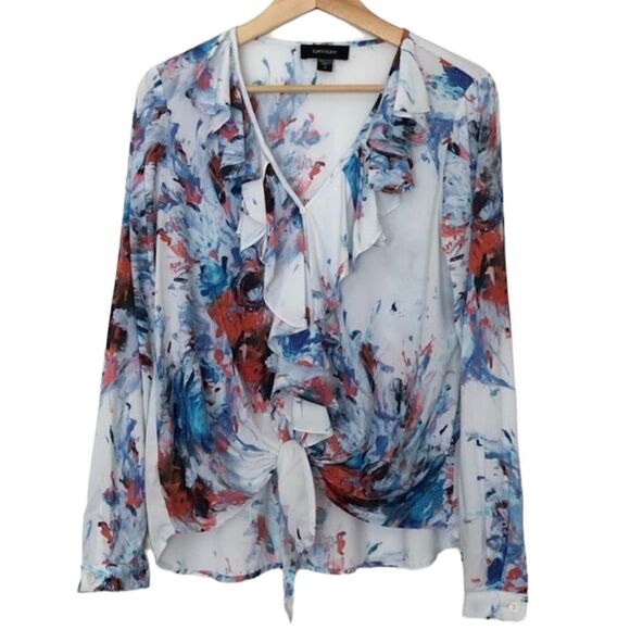 Karen Kane Ruffle Blouse Abstract Long Sleeve Top White Blue Made in USA Small - Picture 1 of 10